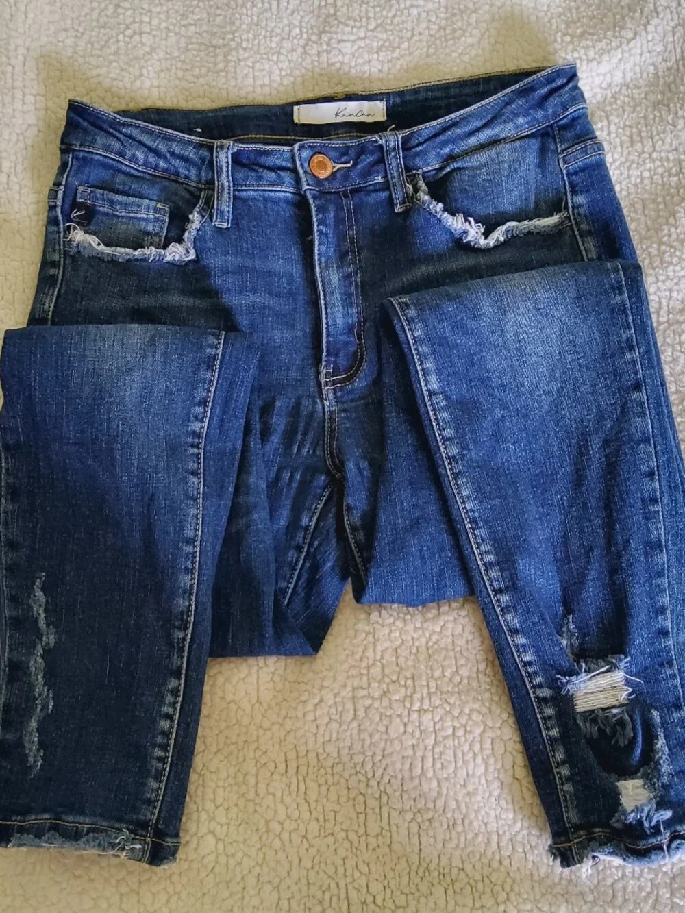 KanCan Dark Wash Distressed Skinny Jeans Mid Rise Ripped Ankle Frayed Hem Size28